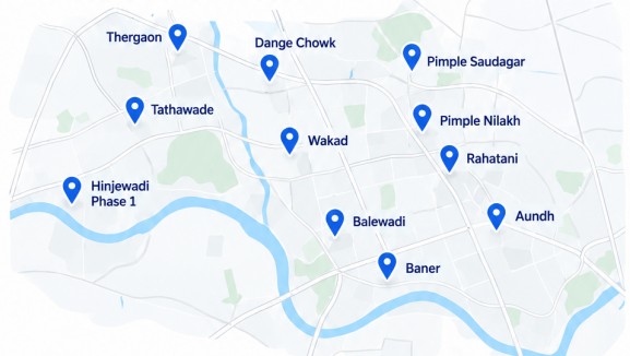 Map of the Pune areas we cover: Wakad, Hinjewadi Phase 1, Baner, Balewadi, Aundh, Pimple Saudagar, Pimple Nilakh, Rahatani, Thergaon, Dange Chowk and Tathawade