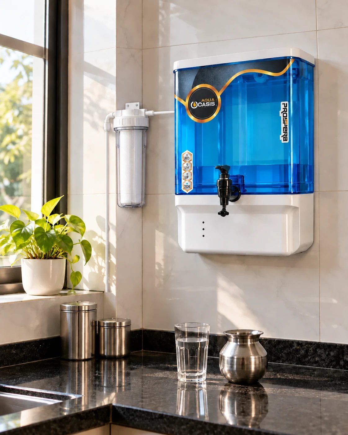 Oasis Prospera water purifier with pre-filter on a kitchen wall