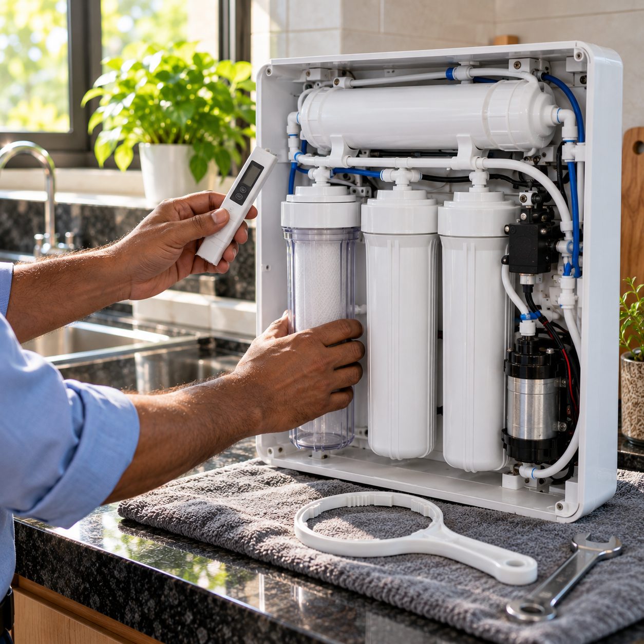 Technician checking an opened water purifier with a TDS meter