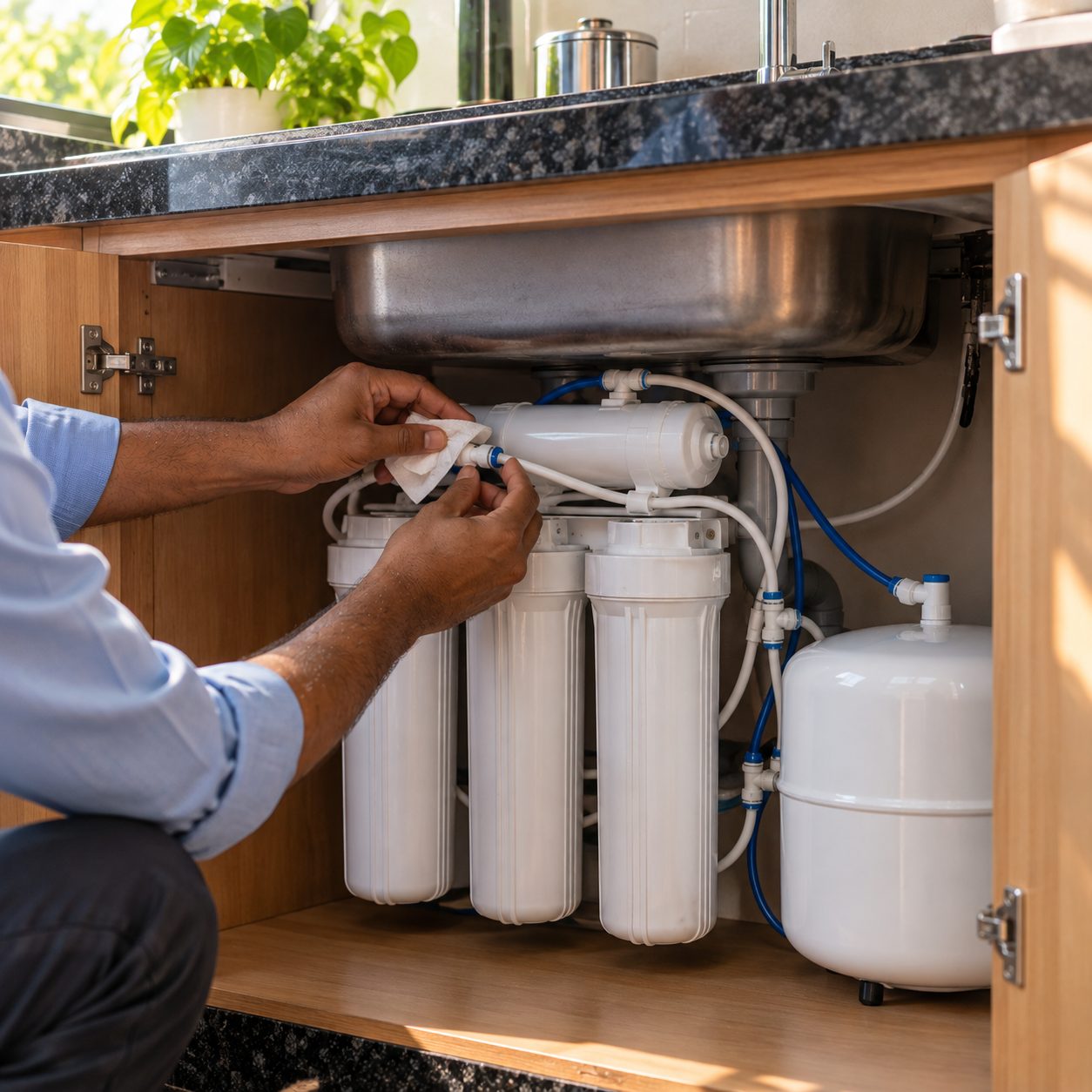 Technician checking an under-sink purifier fitting for leaks