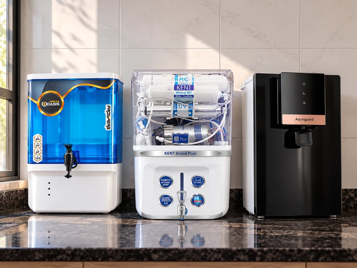 Oasis, Kent and Aquaguard water purifiers side by side