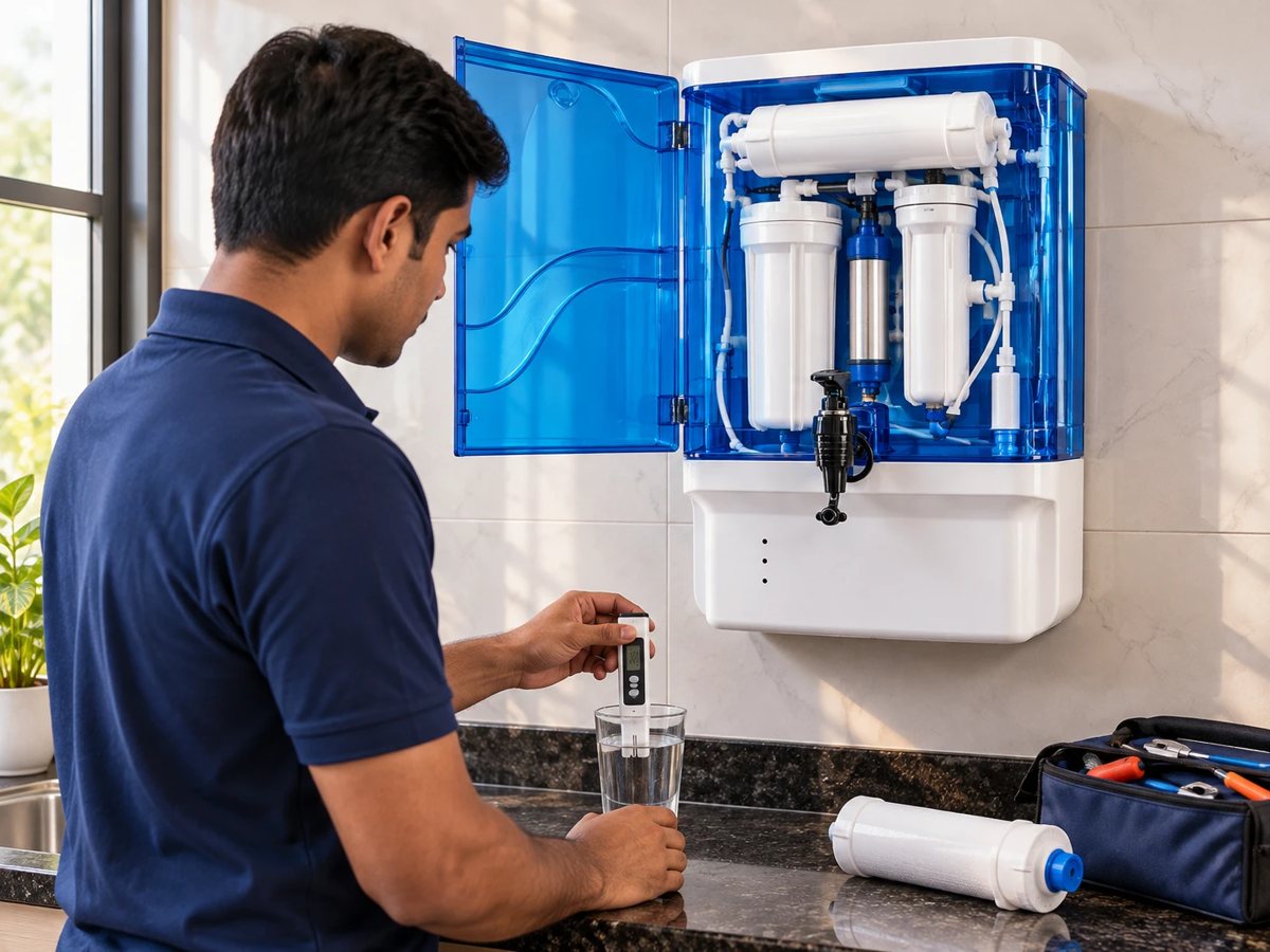 Technician checking water with a TDS meter beside an opened purifier